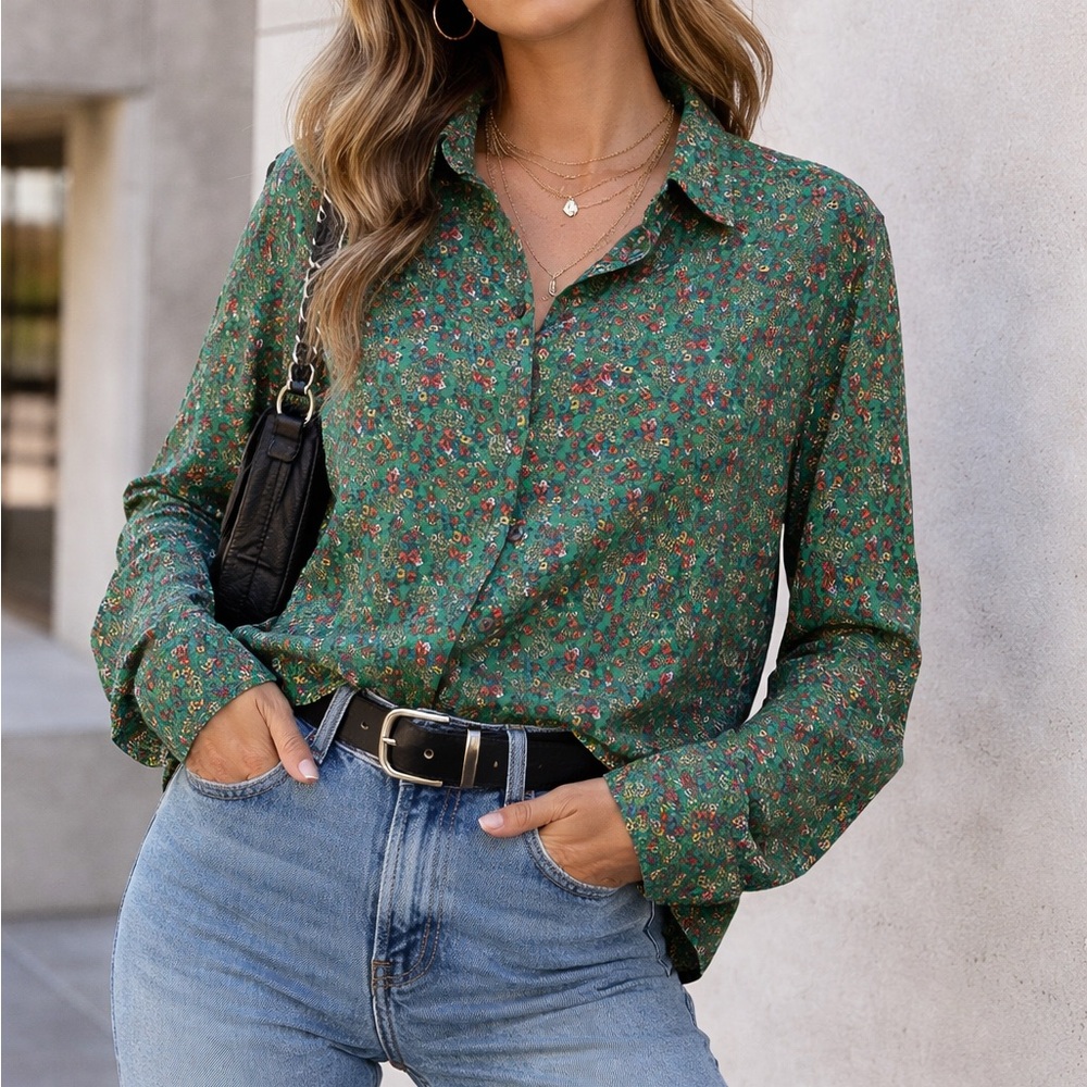 Boden Green Floral silk Button-Down Shirt size 10